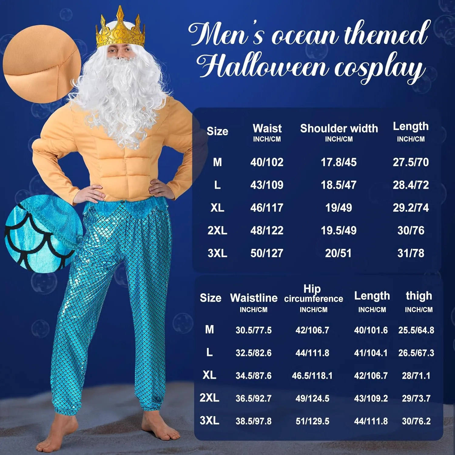 7 Pcs Halloween Poseidon Costumes Set Sovereign Sea Costume Mermaid for Men Adult Trident Crown Beard Wig Wrist Cuffs