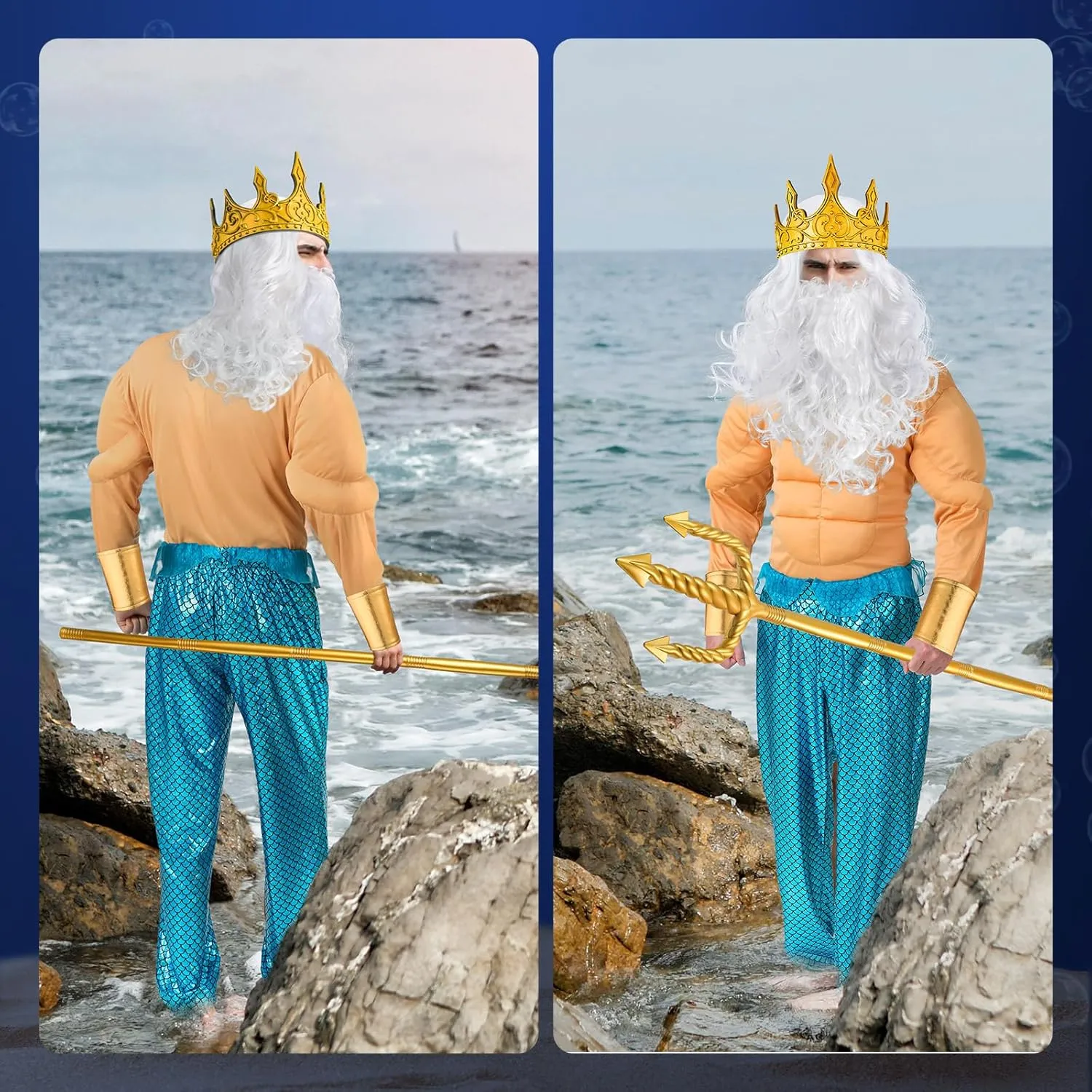 7 Pcs Halloween Poseidon Costumes Set Sovereign Sea Costume Mermaid for Men Adult Trident Crown Beard Wig Wrist Cuffs