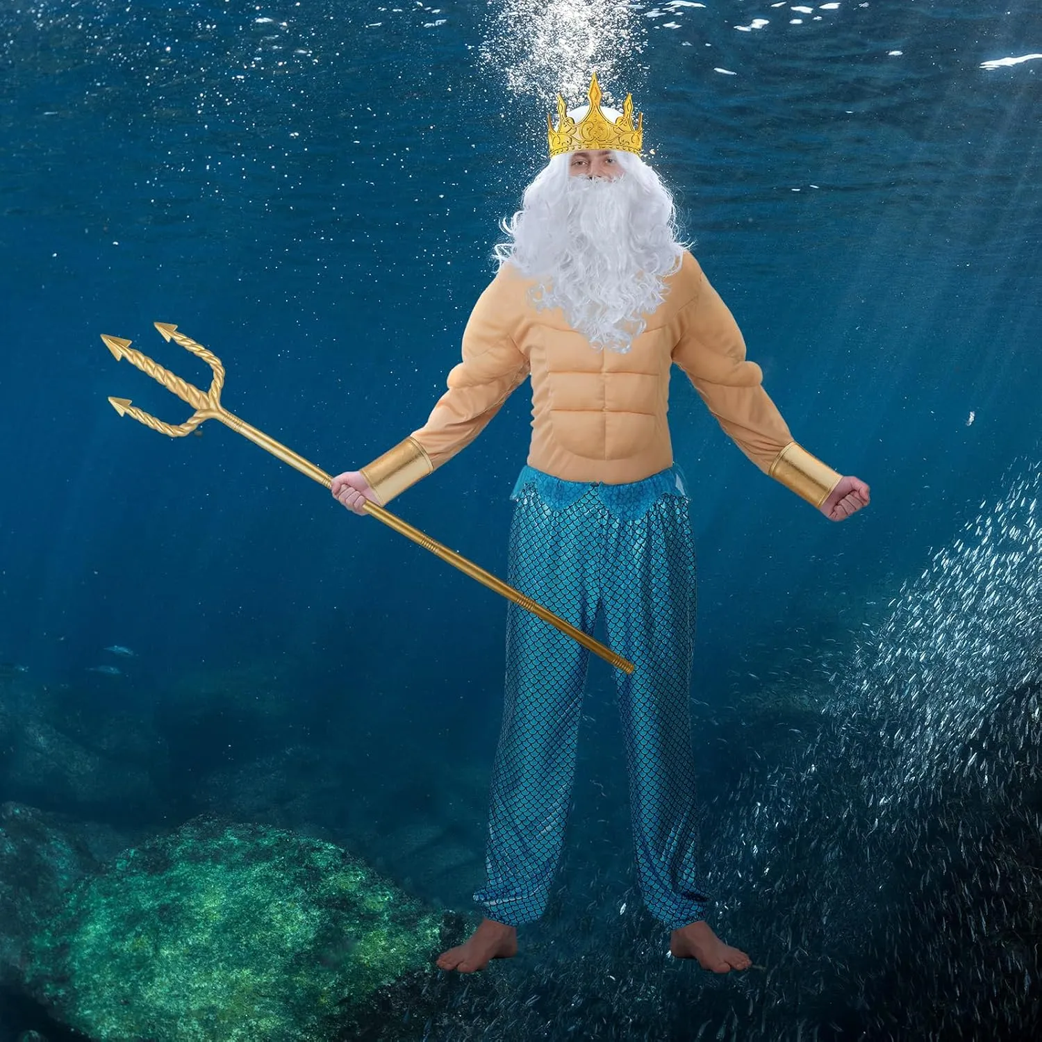 7 Pcs Halloween Poseidon Costumes Set Sovereign Sea Costume Mermaid for Men Adult Trident Crown Beard Wig Wrist Cuffs