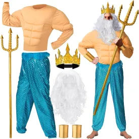 7 Pcs Halloween Poseidon Costumes Set Sovereign Sea Costume Mermaid for Men Adult Trident Crown Beard Wig Wrist Cuffs