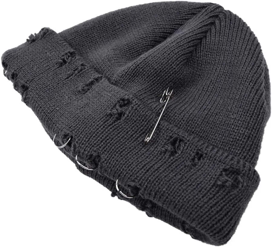 AIBEARTY Swag Short Fisherman Beanie for Men Women Rolled Cuff Beanie Skull Caps Wool Knit Winter Ski Hat with O Rings