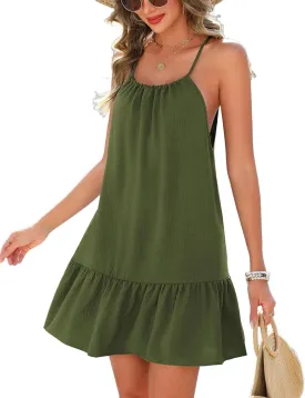 AI'MAGE Womens Swimsuit Cover Up Spaghetti Strap Backless Short Beach Bathing Suit Tank Dress with Ruffle Hem S-3XL