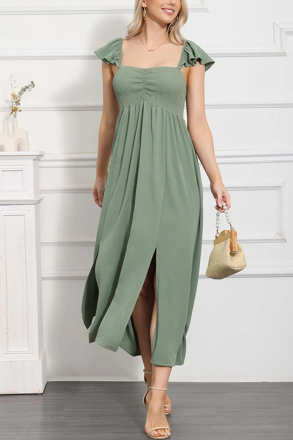 Anna-Kaci Women's Summer Off Shoulder Flutter Cap Sleeve Shirred Smocked High Waist Slit Maxi Dress
