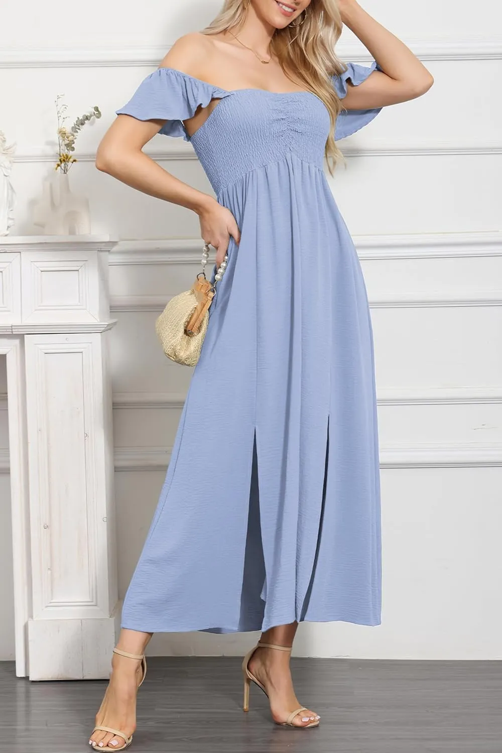 Anna-Kaci Women's Summer Off Shoulder Flutter Cap Sleeve Shirred Smocked High Waist Slit Maxi Dress