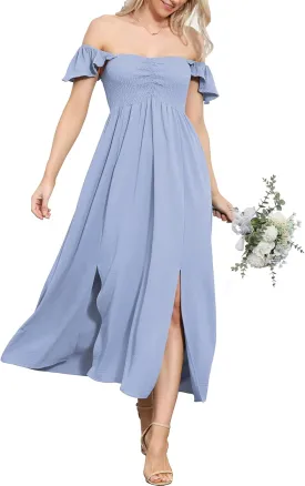 Anna-Kaci Women's Summer Off Shoulder Flutter Cap Sleeve Shirred Smocked High Waist Slit Maxi Dress