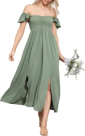 Anna-Kaci Women's Summer Off Shoulder Flutter Cap Sleeve Shirred Smocked High Waist Slit Maxi Dress