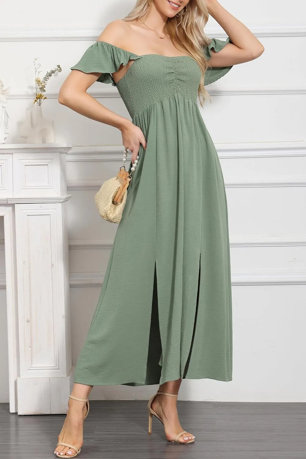 Anna-Kaci Women's Summer Off Shoulder Flutter Cap Sleeve Shirred Smocked High Waist Slit Maxi Dress