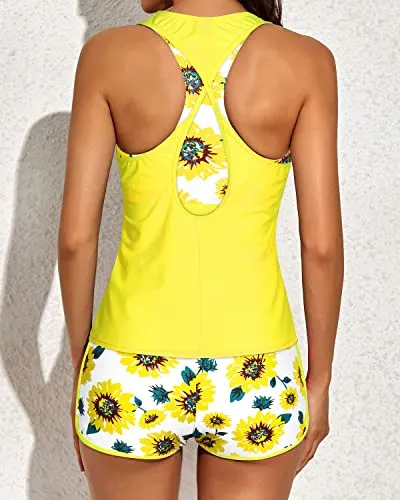 Athletic Tankini Shorts Swim Tank Tops And Boyshorts Bathing Suits 3 Piece Tankini-Yellow And Sunflower