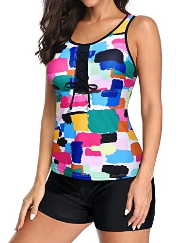 Athletic Tummy Control Two Piece Tankini Bathing Suit For Women-Aqua