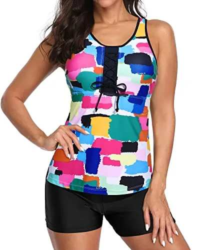 Athletic Tummy Control Two Piece Tankini Bathing Suit For Women-Aqua