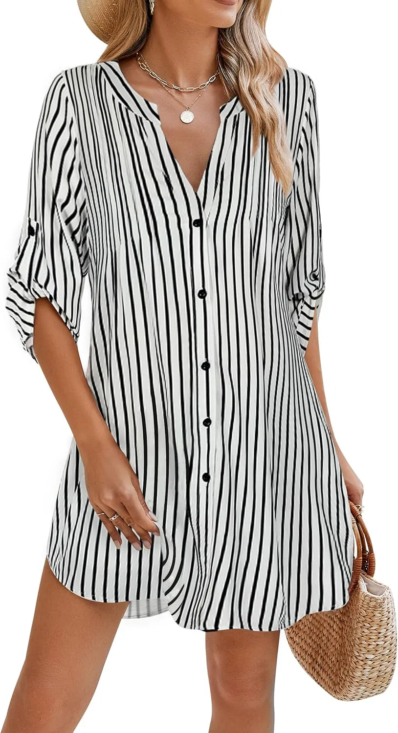 BMJL Women Beach Cover Ups V Neck Button Down Swimsuit Coverup Swimwear Bathing Suit Cover Up 2025