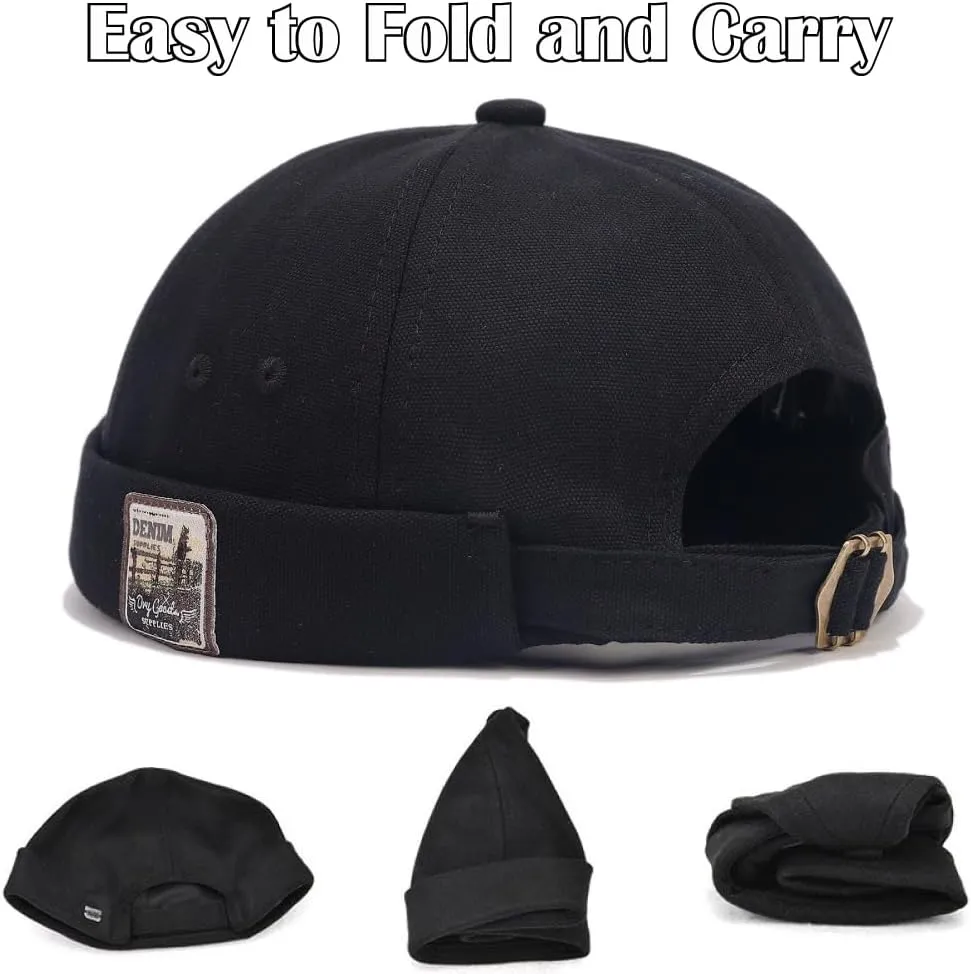 Brimless Hats for Men Brimless Caps, Rolled Cuff Retro Docker Hat for Womens with Adjustable Beanie Hat