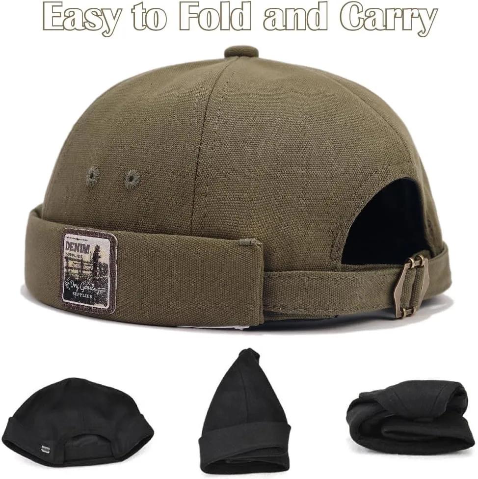 Brimless Hats for Men Brimless Caps, Rolled Cuff Retro Docker Hat for Womens with Adjustable Beanie Hat