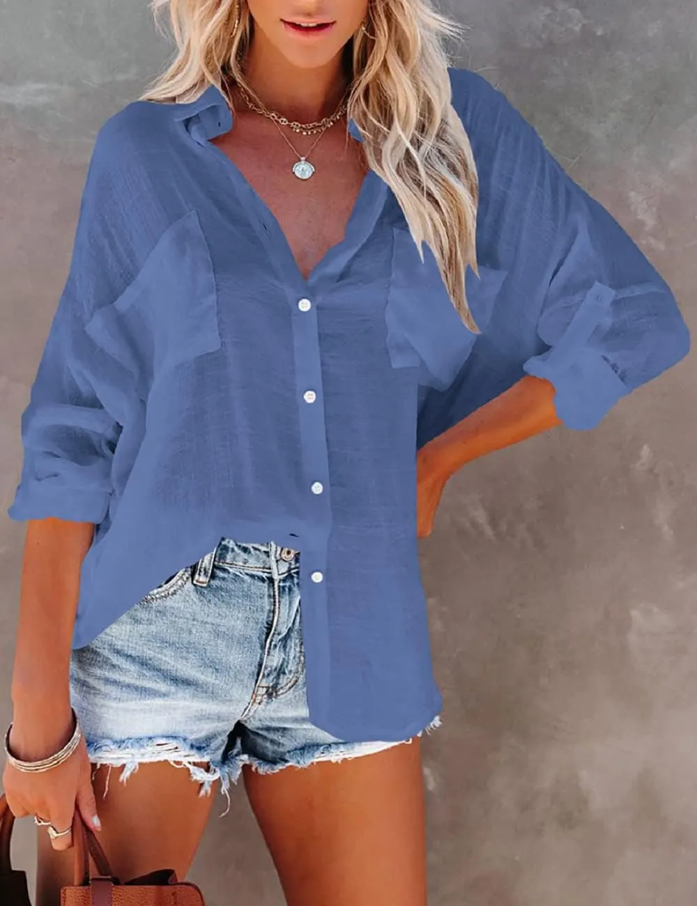 Bsubseach Button Down Swim Cover Up Shirt Sexy Long Sleeve Beach Blouse Bathing Suit Cover Ups for Women