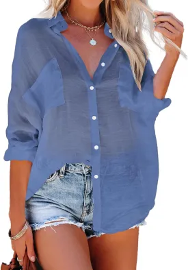 Bsubseach Button Down Swim Cover Up Shirt Sexy Long Sleeve Beach Blouse Bathing Suit Cover Ups for Women