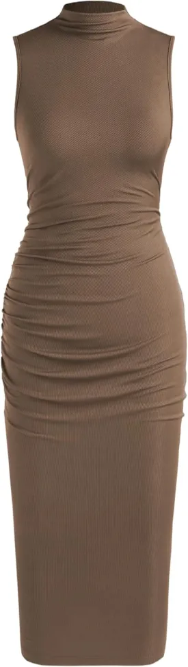 CIDER Work Dresses for Women High Neck Sleeveless Bodycon Ruched Cocktail Party Midi Dresses