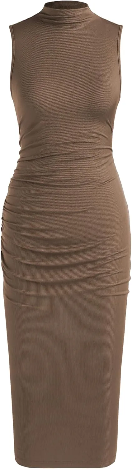 CIDER Work Dresses for Women High Neck Sleeveless Bodycon Ruched Cocktail Party Midi Dresses