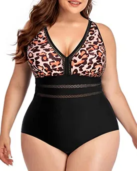 Decent Shoulder Strap Plus Size One Piece Swimsuit-Black And Leopard