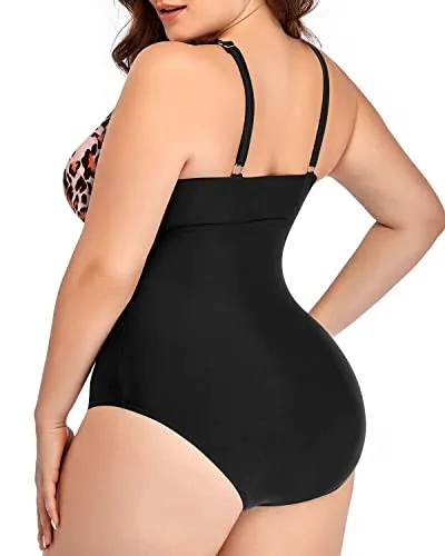 Decent Shoulder Strap Plus Size One Piece Swimsuit-Black And Leopard