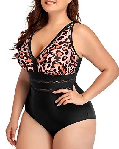 Decent Shoulder Strap Plus Size One Piece Swimsuit-Black And Leopard
