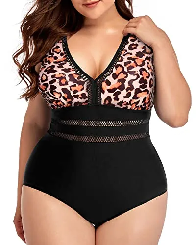 Decent Shoulder Strap Plus Size One Piece Swimsuit-Black And Leopard