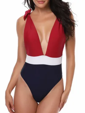 Deep V Patchwork Backless One Piece Swimsuit