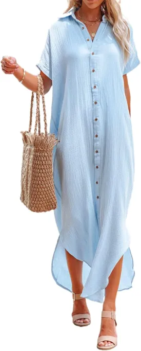 Dokotoo Womens Casual Short Sleeve Side Split Button Down Long Kimonos Cardigans Swimsuit Cover Ups Summer Beach Dress