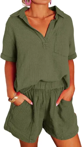 Dokotoo Women's Two Piece Outfits V Neck Short Sleeve Shirts and High Waist Shorts Lounge Sets