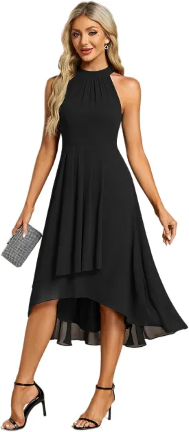 Ever-Pretty Women's Sexy Halter Neck Pletaed Sleeveless Hi-Lo Chiffon Wedding Guest Dress 31926