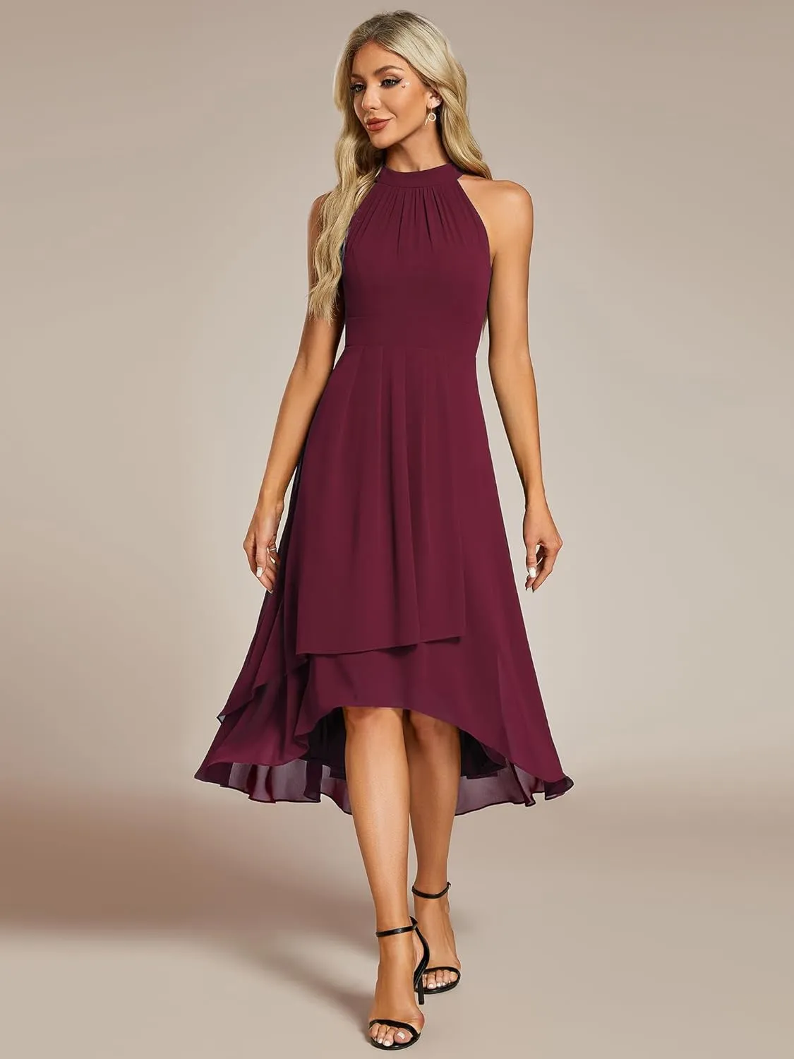 Ever-Pretty Women's Sexy Halter Neck Pletaed Sleeveless Hi-Lo Chiffon Wedding Guest Dress 31926