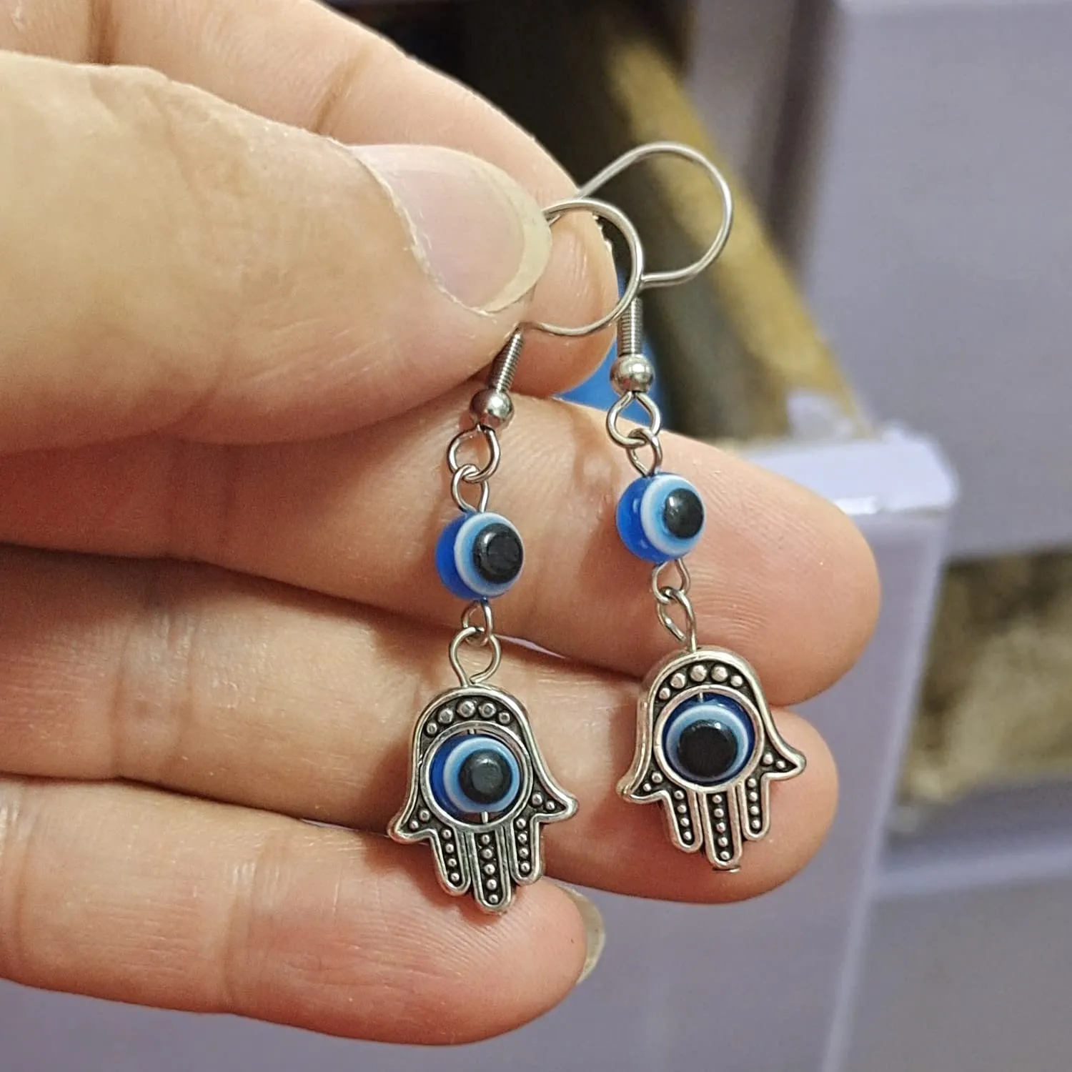 Evil Eyes Earrings for Women Fashion Blue Turkish Eyes Rhinestone Dangle Earring for Women Protect Jewelry (Hamsa)