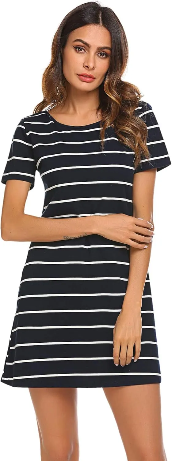 Feager Women's Casual Striped Criss Cross Short Sleeve T Shirt Dress