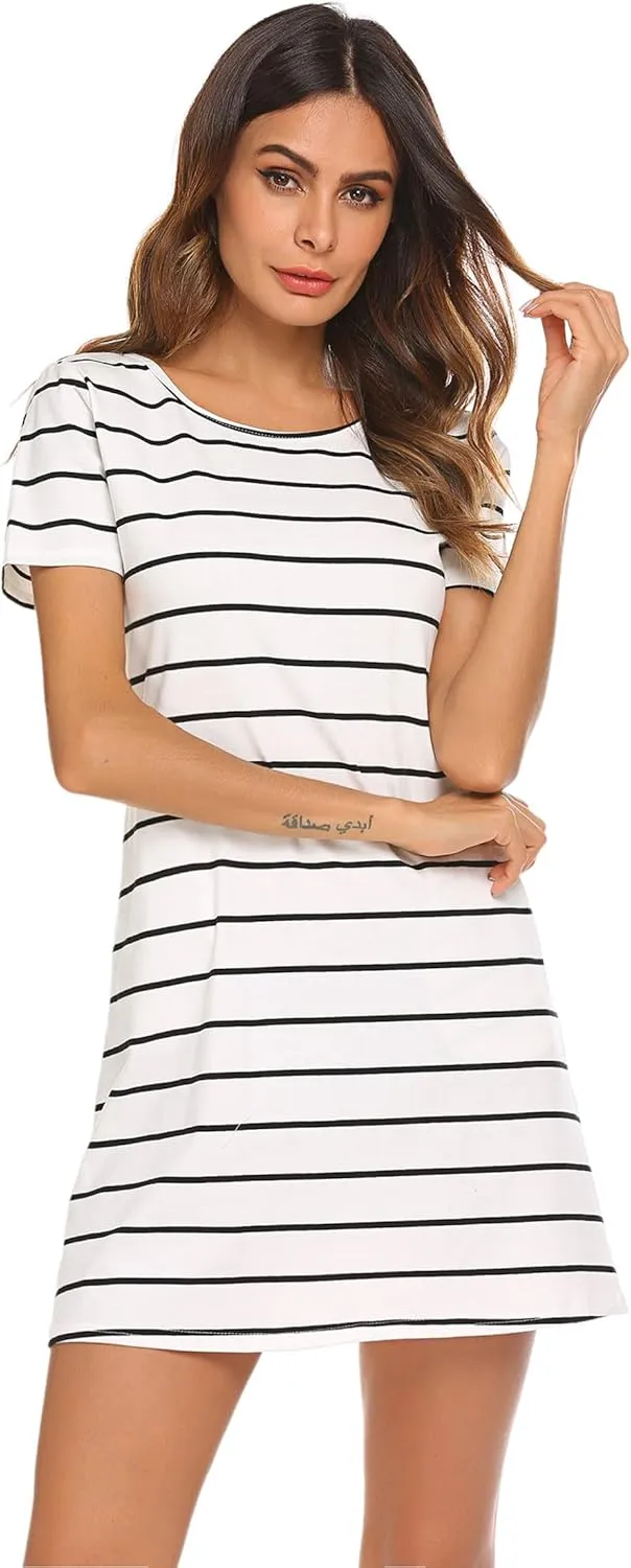Feager Women's Casual Striped Criss Cross Short Sleeve T Shirt Dress