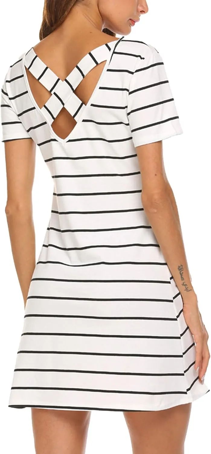 Feager Women's Casual Striped Criss Cross Short Sleeve T Shirt Dress