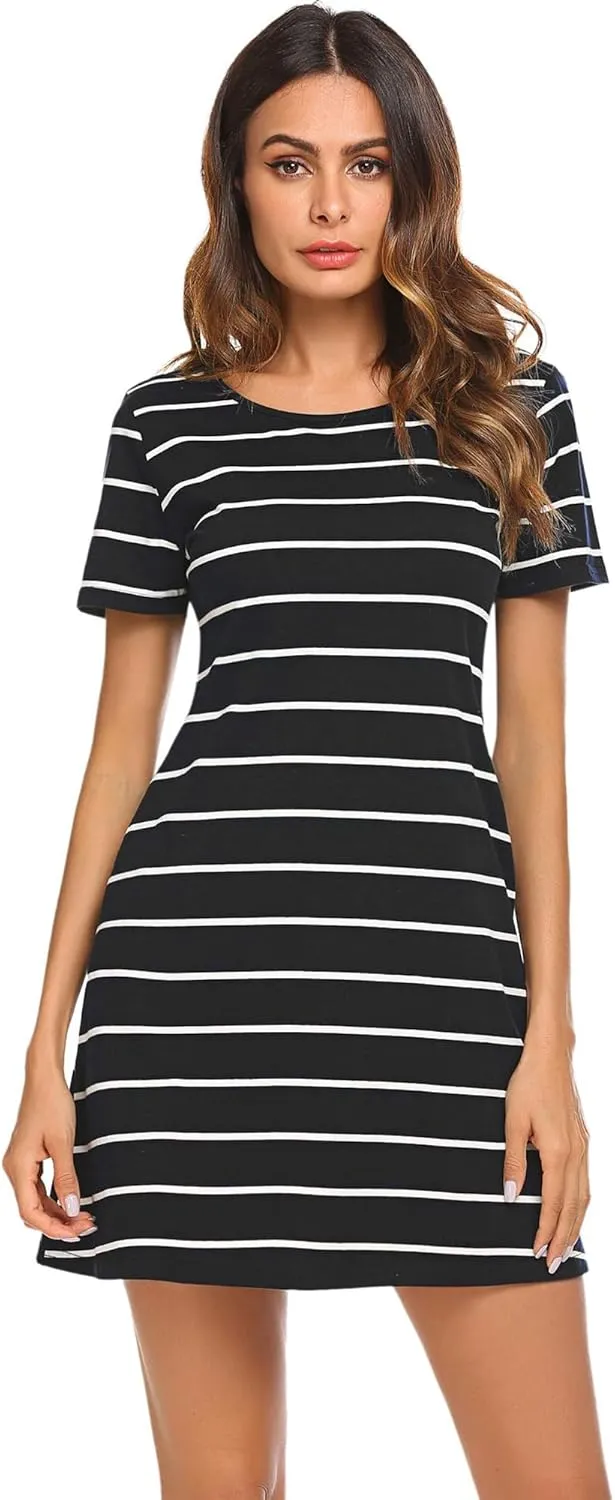 Feager Women's Casual Striped Criss Cross Short Sleeve T Shirt Dress