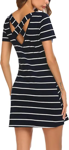 Feager Women's Casual Striped Criss Cross Short Sleeve T Shirt Dress