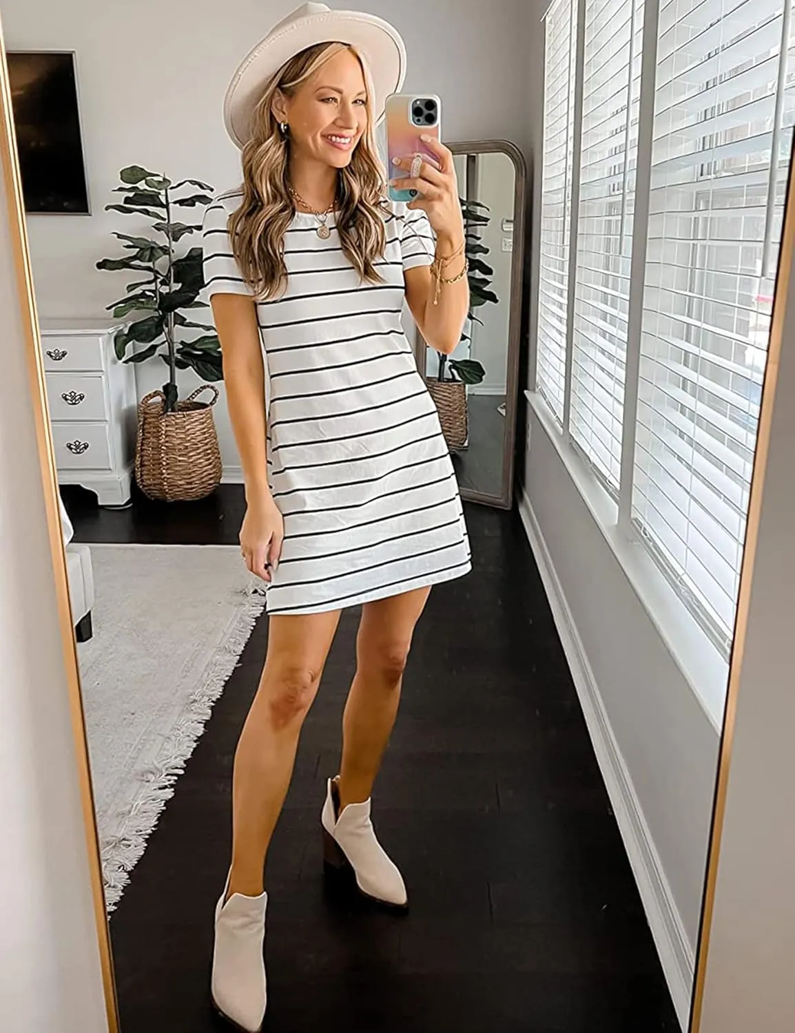 Feager Women's Casual Striped Criss Cross Short Sleeve T Shirt Dress