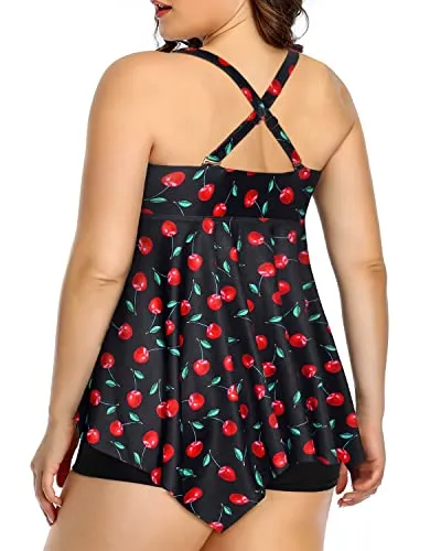 Flowy Top Loose Fit Plus Size Tankini Swimsuits For Women-Black Cherry