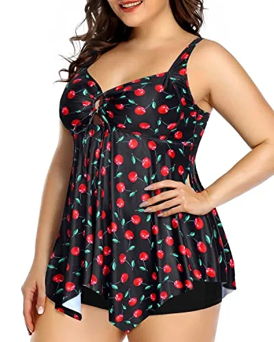 Flowy Top Loose Fit Plus Size Tankini Swimsuits For Women-Black Cherry