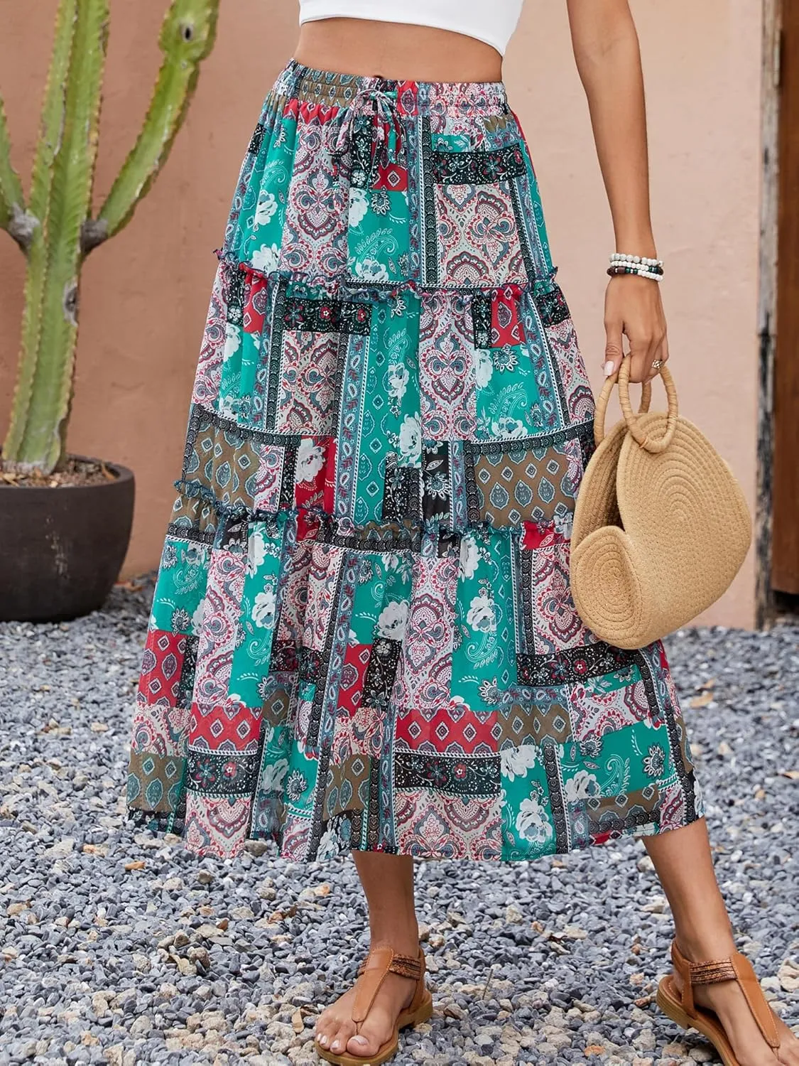 Gardenwed Womens Summer Casual Bohemian Skirt Vacation Sun Beach Floral Print High Waist Long Flowy Chiffon Skirts