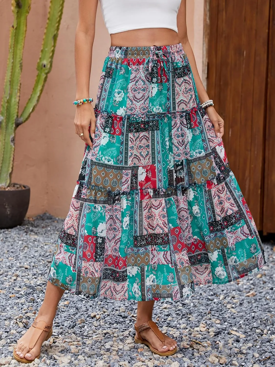 Gardenwed Womens Summer Casual Bohemian Skirt Vacation Sun Beach Floral Print High Waist Long Flowy Chiffon Skirts