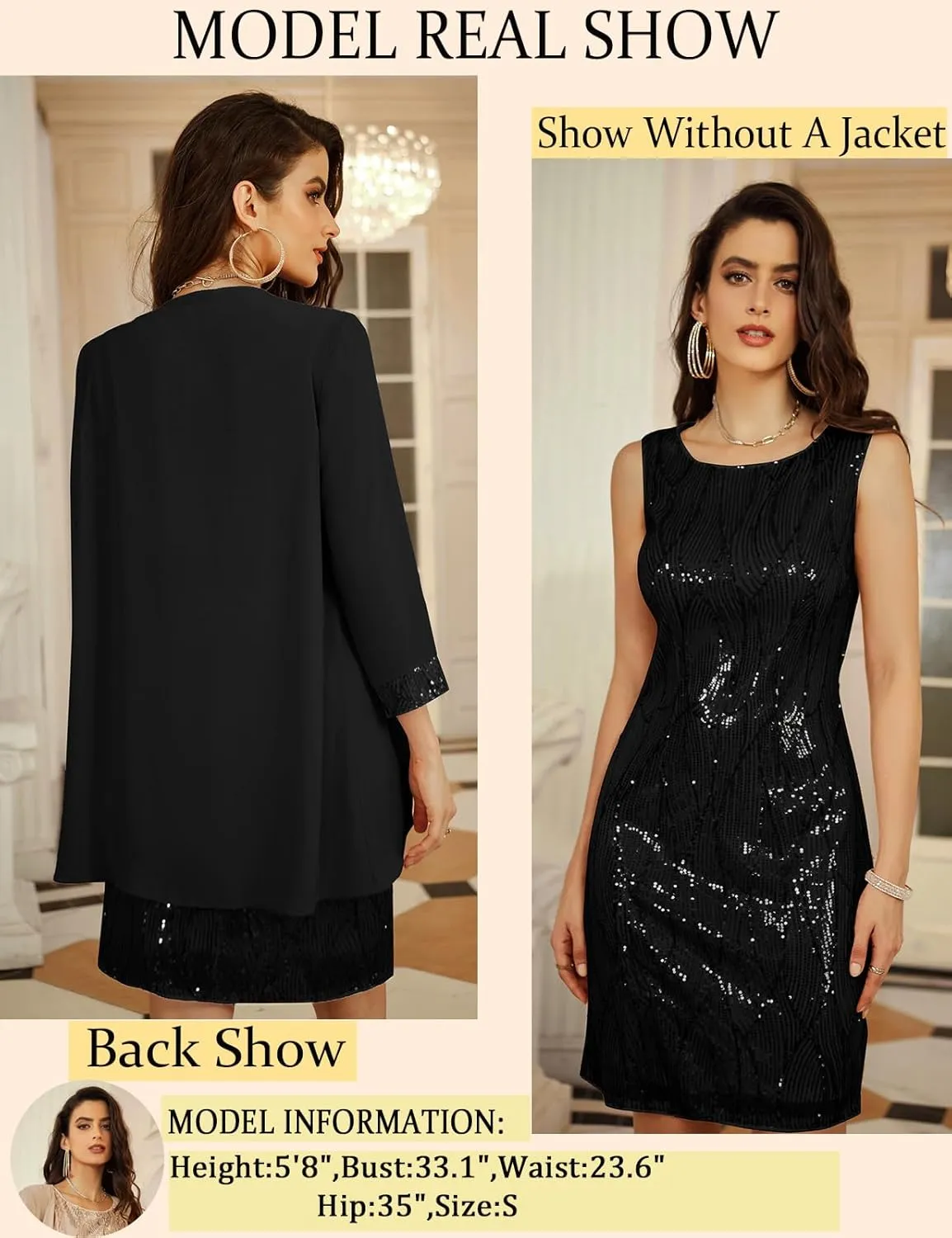 GRACE KARIN Women's Sequin Dress - Wedding Guest & Mother of The Bride Formal Dress - Two Piece Knee Length