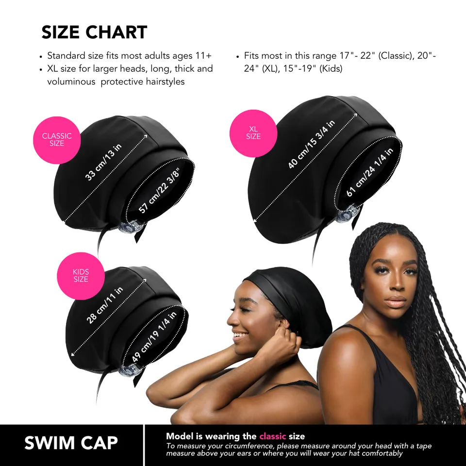 Hairbrella Satin-Lined Waterproof Adjustable Swim Cap - Black