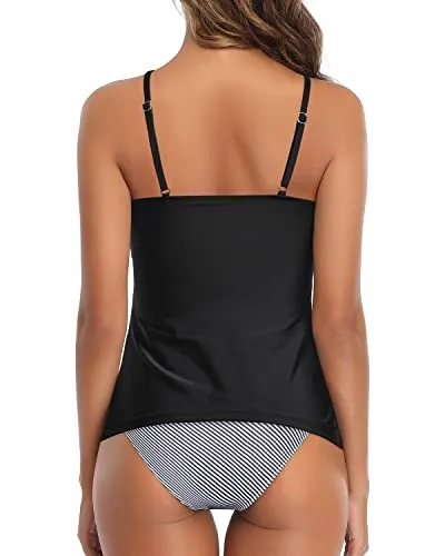 Halter Swim Tankini Top With Bikini Bottom For Women-Black Stripe