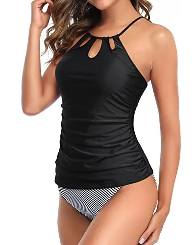 Halter Swim Tankini Top With Bikini Bottom For Women-Black Stripe