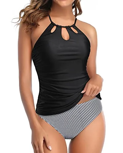Halter Swim Tankini Top With Bikini Bottom For Women-Black Stripe