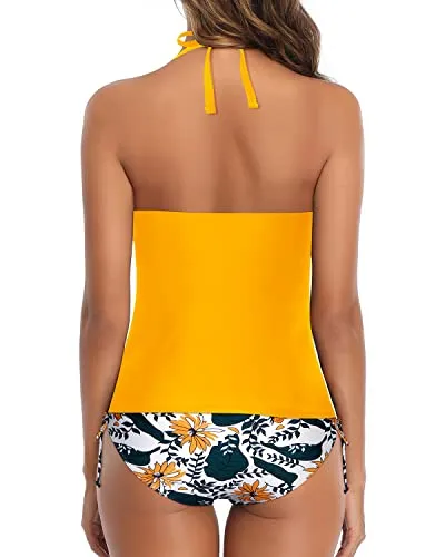Halter Tankini Two Piece Swimsuits For Women Tummy Control Bathing Suits-Yellow Floral