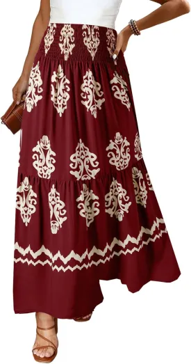 Happy Sailed Womens Retro Print Boho Maxi Skirt Elastic High Waist A-Line Pleated Flowy Long Skirts Beach Vacation Outfits