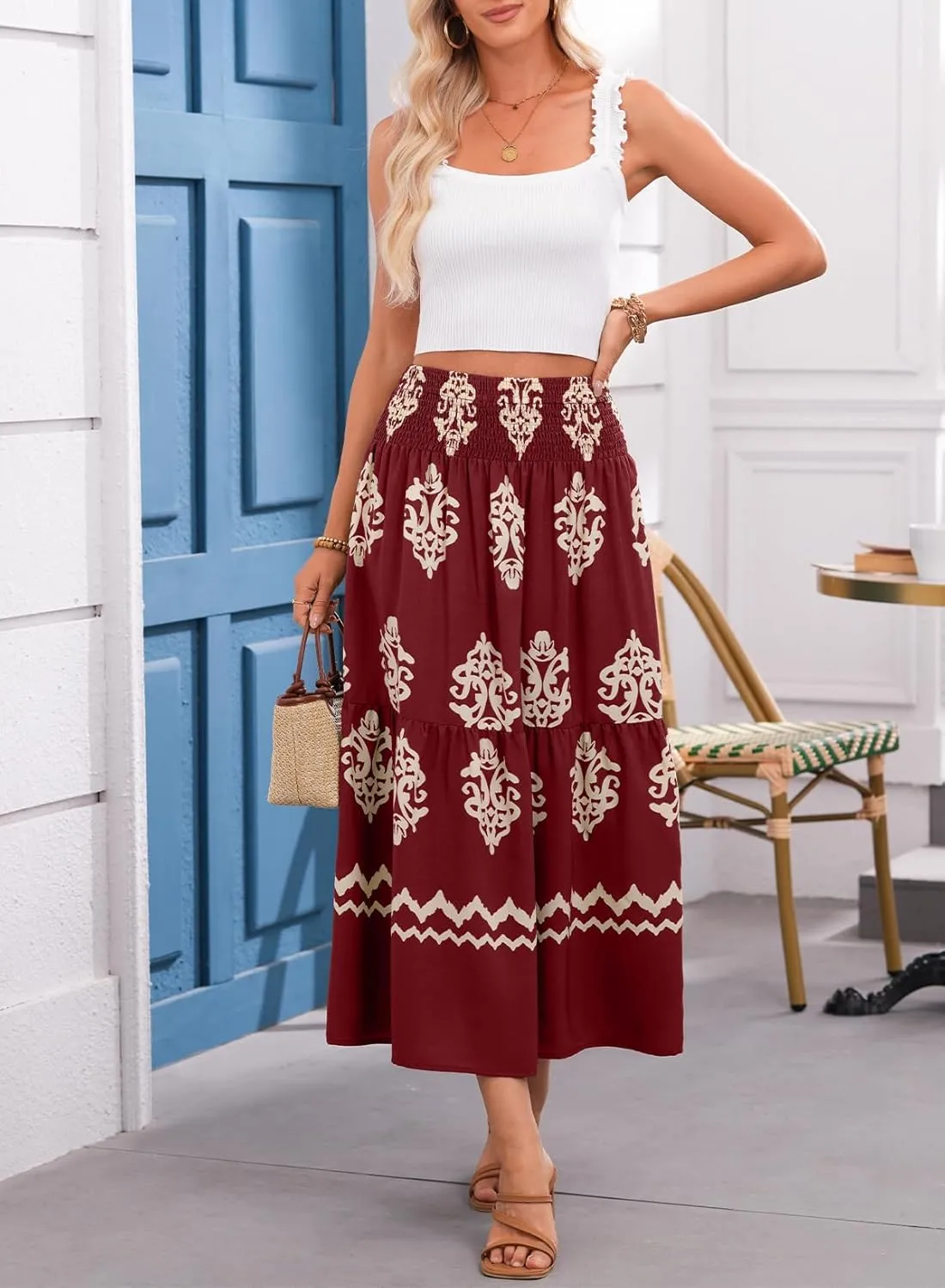 Happy Sailed Womens Retro Print Boho Maxi Skirt Elastic High Waist A-Line Pleated Flowy Long Skirts Beach Vacation Outfits