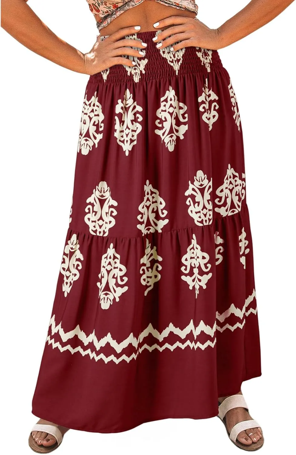 Happy Sailed Womens Retro Print Boho Maxi Skirt Elastic High Waist A-Line Pleated Flowy Long Skirts Beach Vacation Outfits